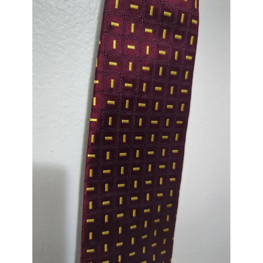 Burberrys of London Men Silk Tie Burgundy Yellow Geometric Hand Sewn USA Vintage